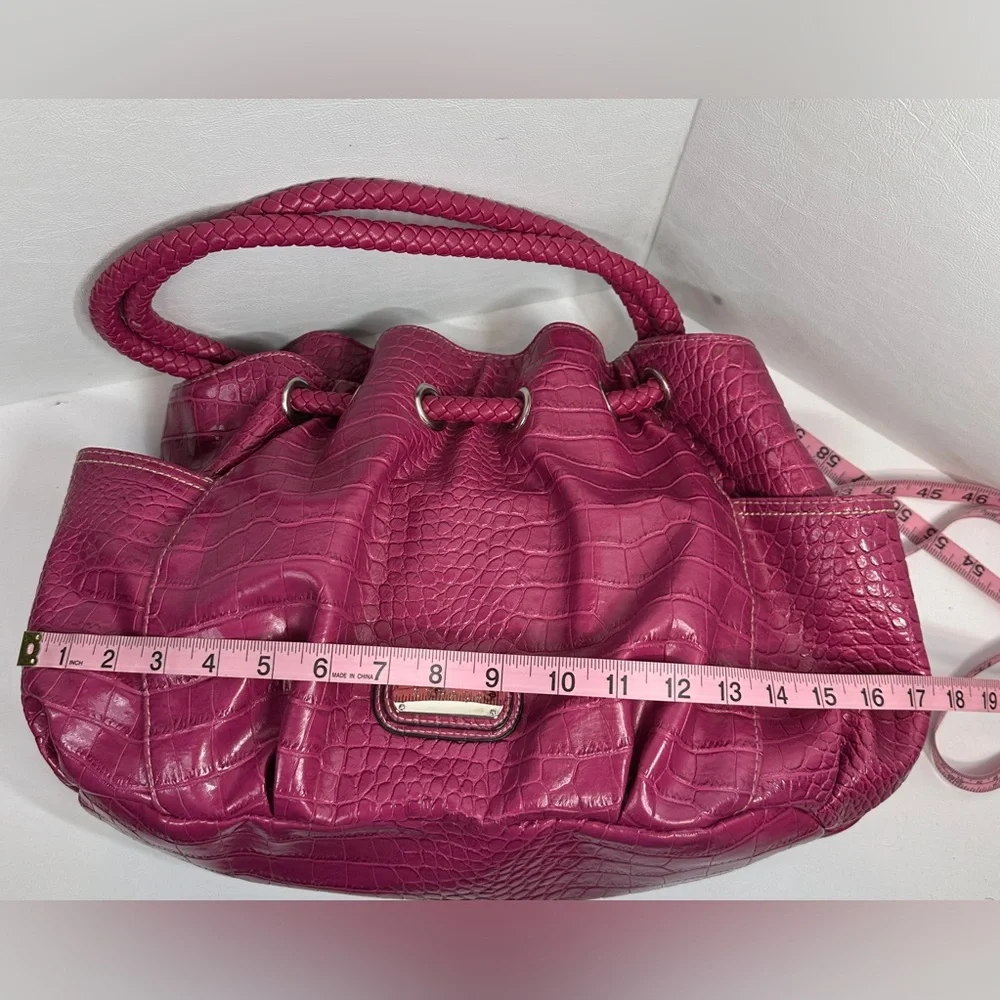 Strada Dark Pink Purple Faux Crocodile Hobo Shoulder Bag Drawstring Braid Handle
